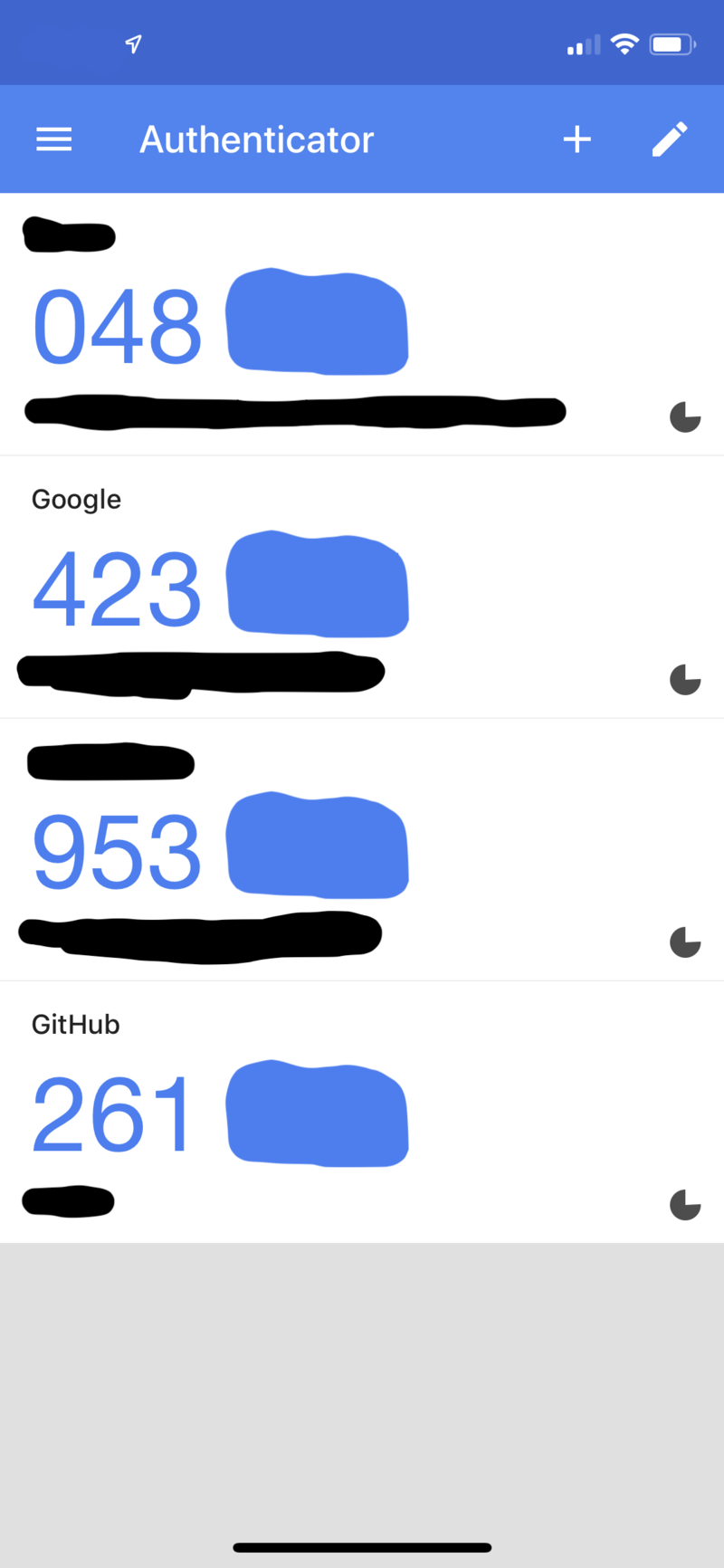 Picture of the Google Authenticator app on a mobile phone displaying the first 3 numbers of several OTPs. A timer for each OTP indicates the usage of OATH-TOTP.